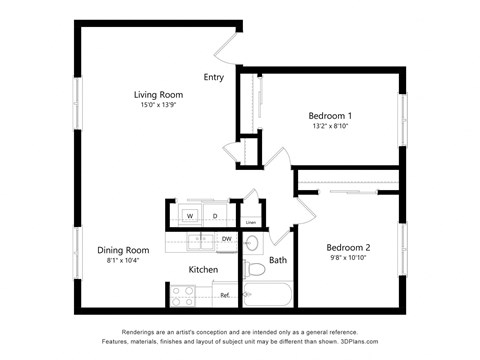Floor plan for 2 beds, 1 bath, 796 sqft
